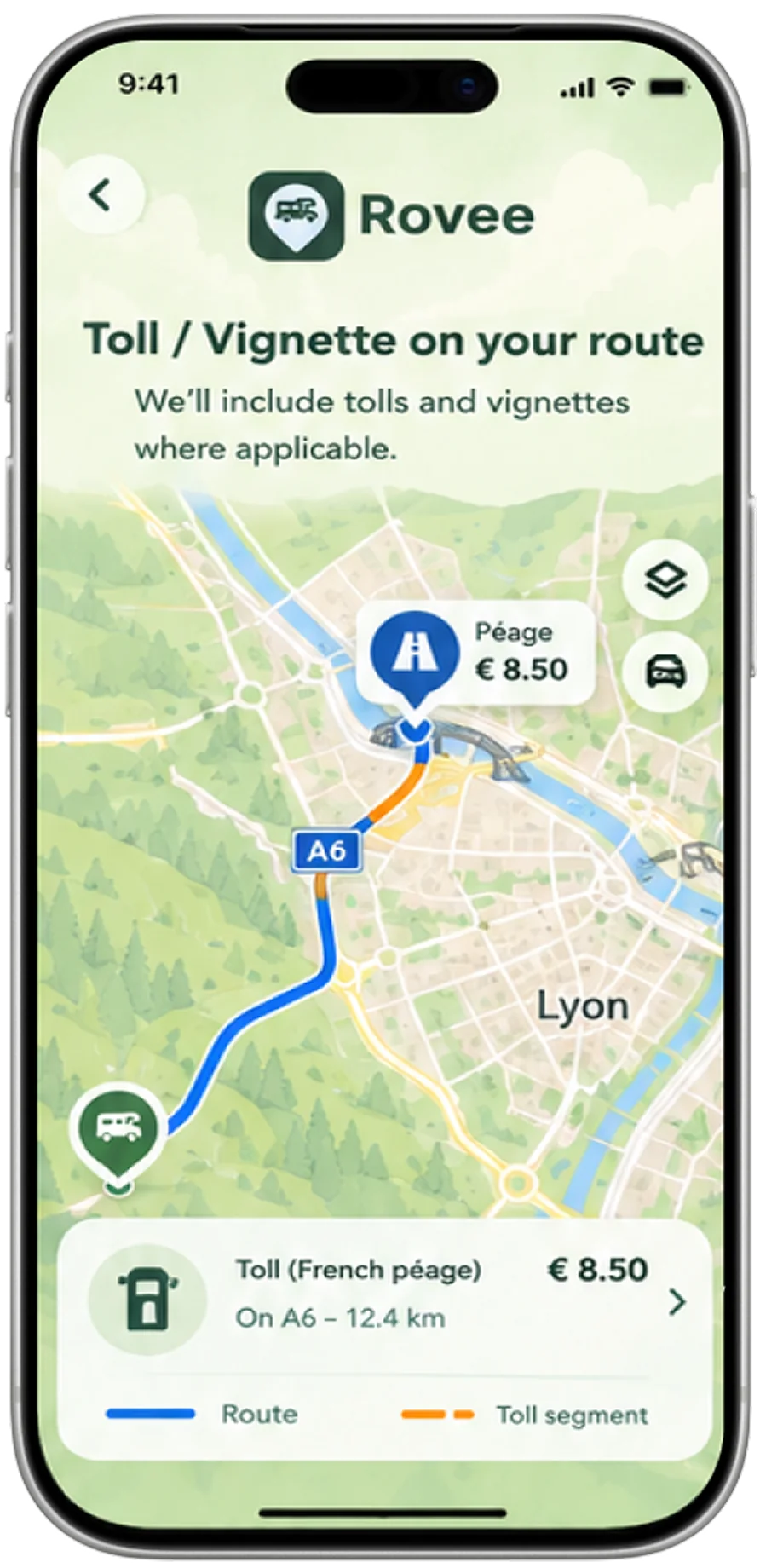 A route on the A6 near Lyon with a €8.50 French péage marked on a 12.4 km toll segment.