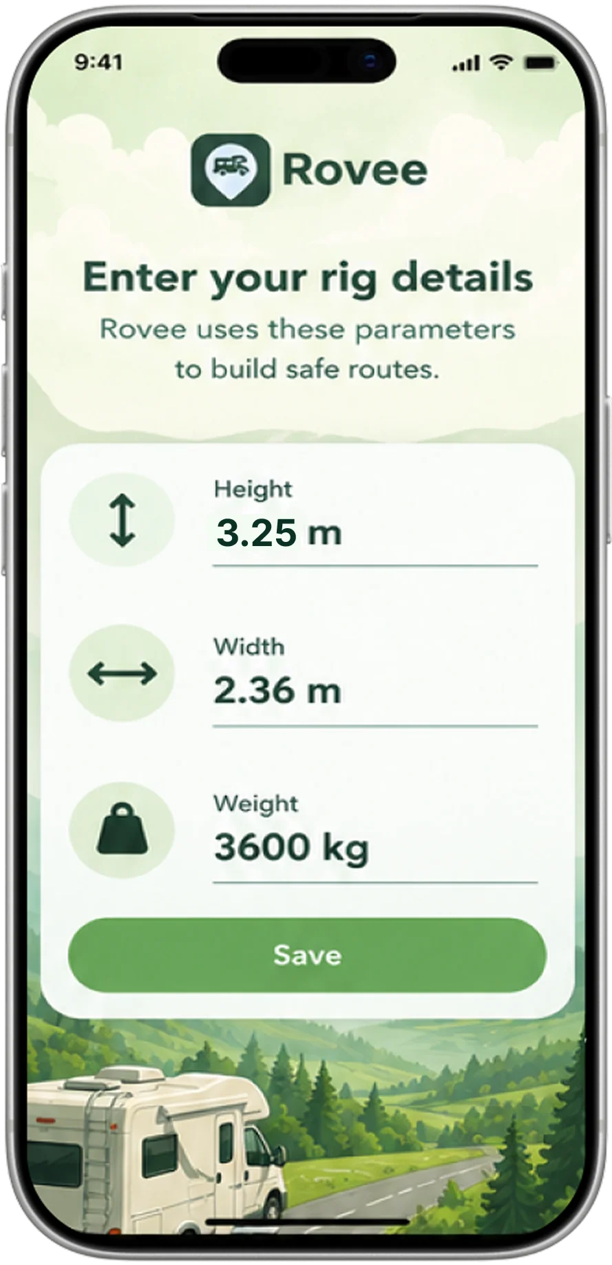 The rig details screen: height 3.25 m, width 2.36 m, weight 3600 kg.