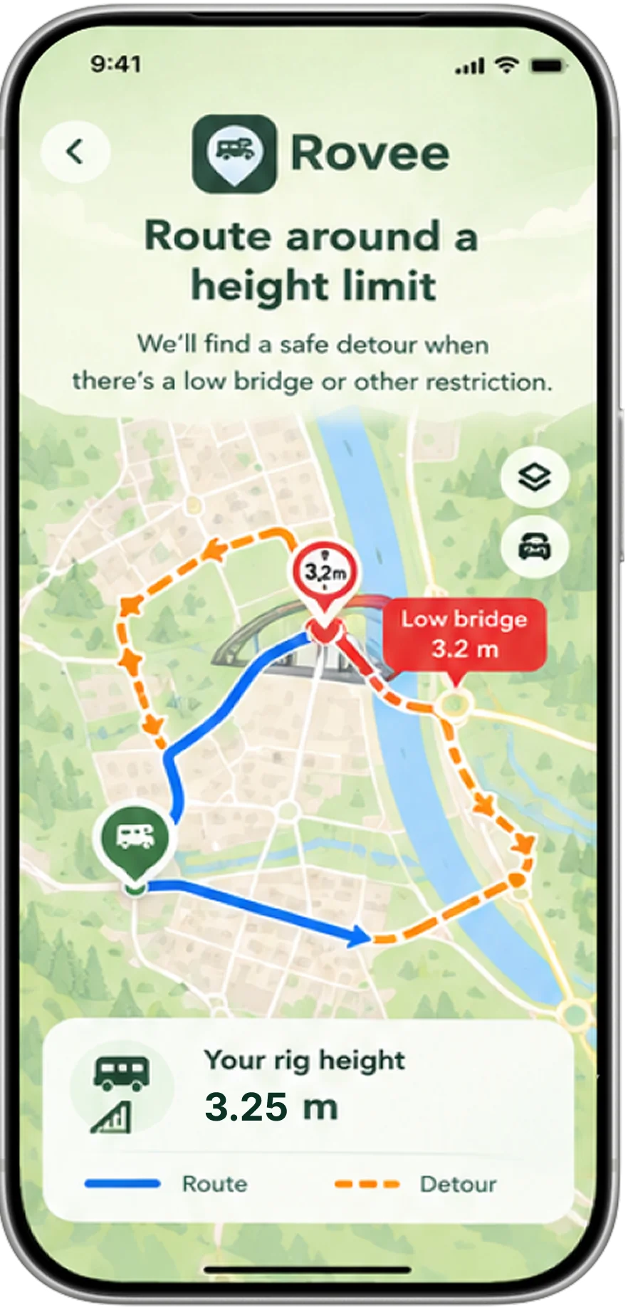 A route detouring around a bridge marked 3.2 m, with the rig's height shown as 3.25 m.