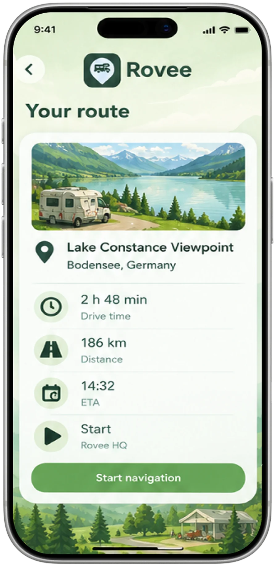 A route summary to Lake Constance: 2 h 48 min, 186 km, arriving 14:32.